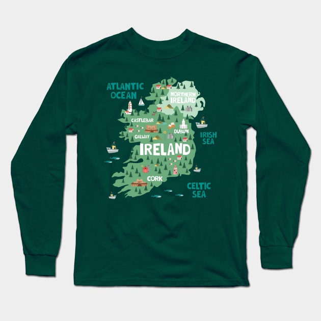 Ireland Illustrated Map Long Sleeve T-Shirt by JunkyDotCom